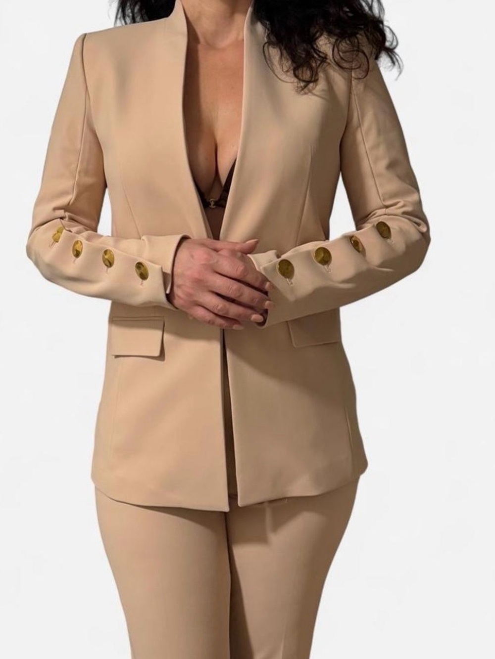 Beige Tailored Blazer with Gold Accent Buttons